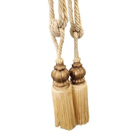 Elegant Beige Curtain Tiebacks With Wooden Crown Bead with Tassel Ends & Rope Lo - Picture 6 of 8
